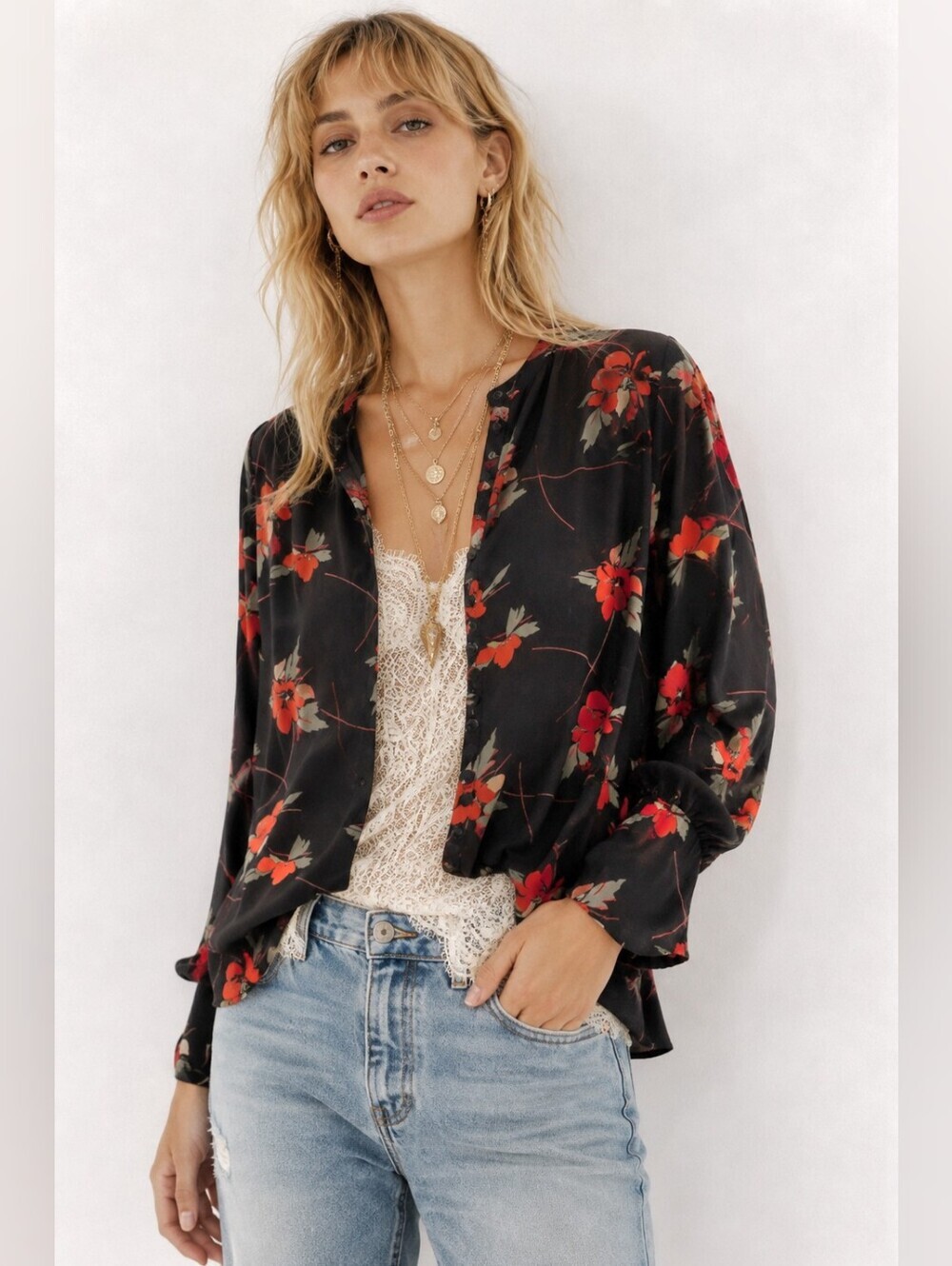 Chelsea 28 Top Red And Black Floral Blouse